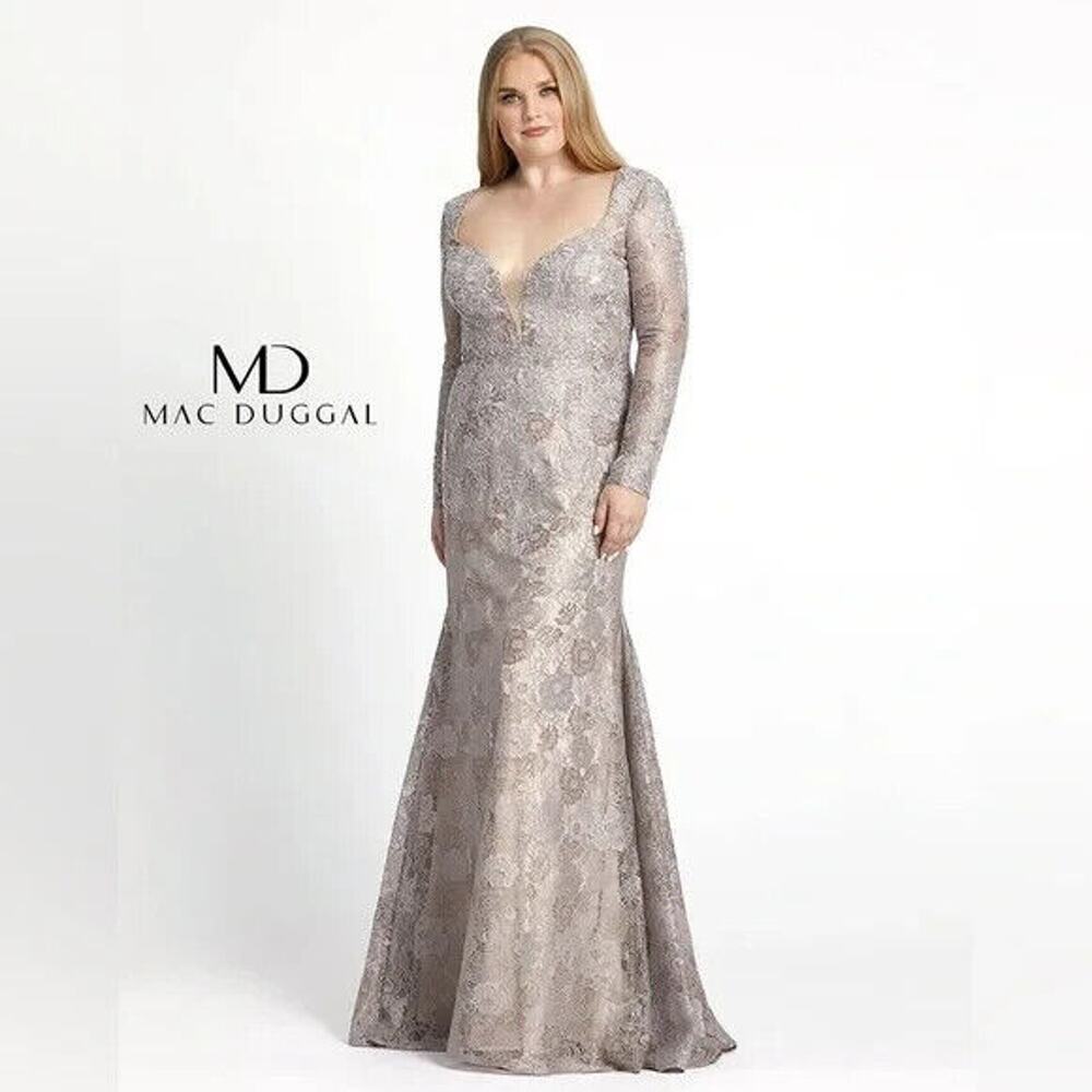 NWT Mac Duggal 49168 SZ 14W EMBELLISHED‎ FLORAL LACE LONG SLEEVED GOWN NUDE